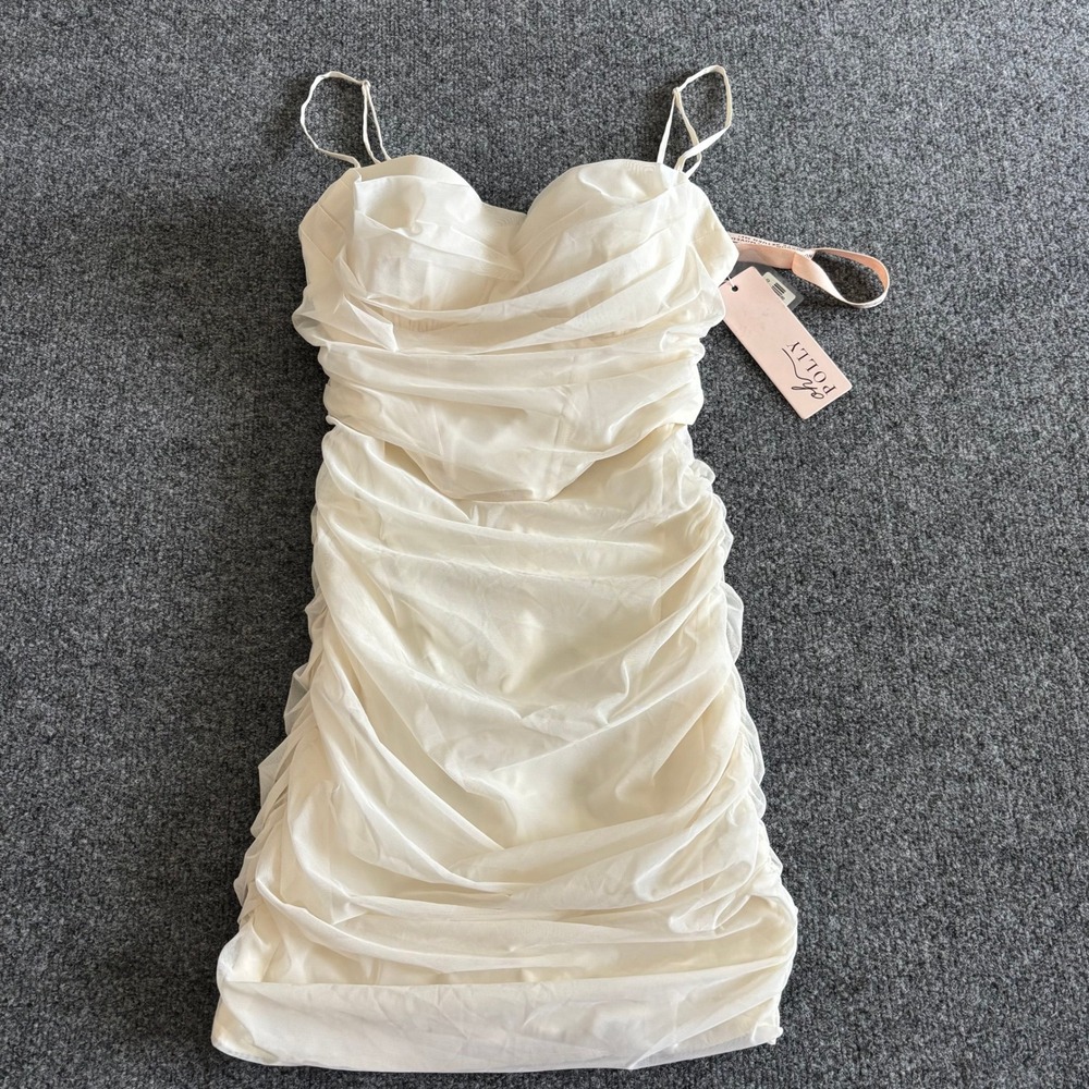 Oh Polly NWT Ivory Ruched Mesh Mini Dress US 6 Batch A 5729 Bustier Bodycon